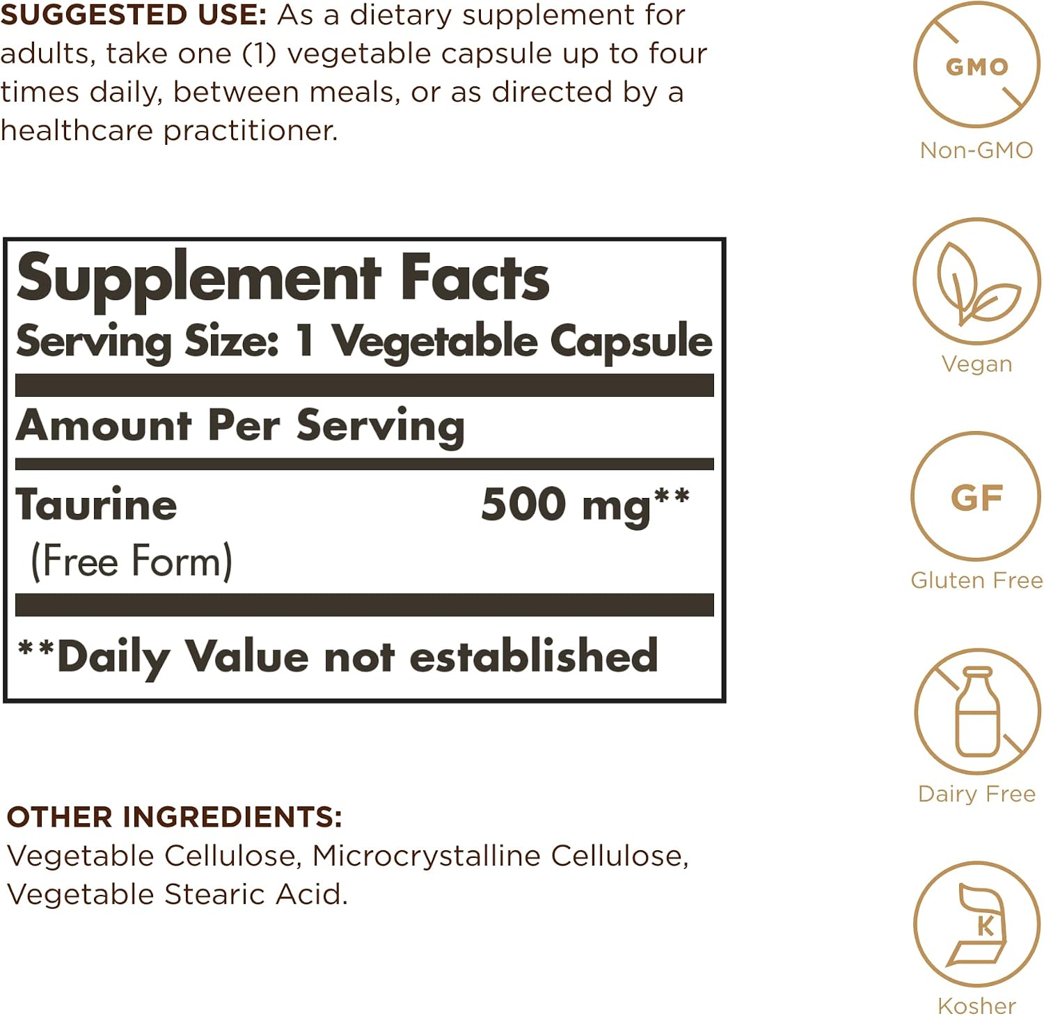 Solgar, Taurina 500 mg Cápsulas Vegetales, 100 Unidades