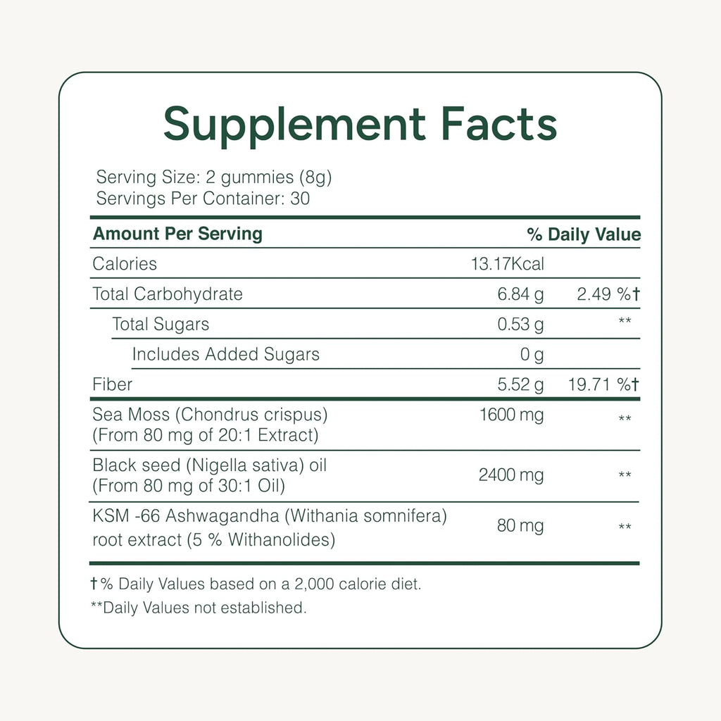 ROOT LABS Sea Moss Gummies con 92+ Minerales, Aceite de Semilla Negra y Ashwagandha KSM 66 | 1600 mg | 120 Gomitas