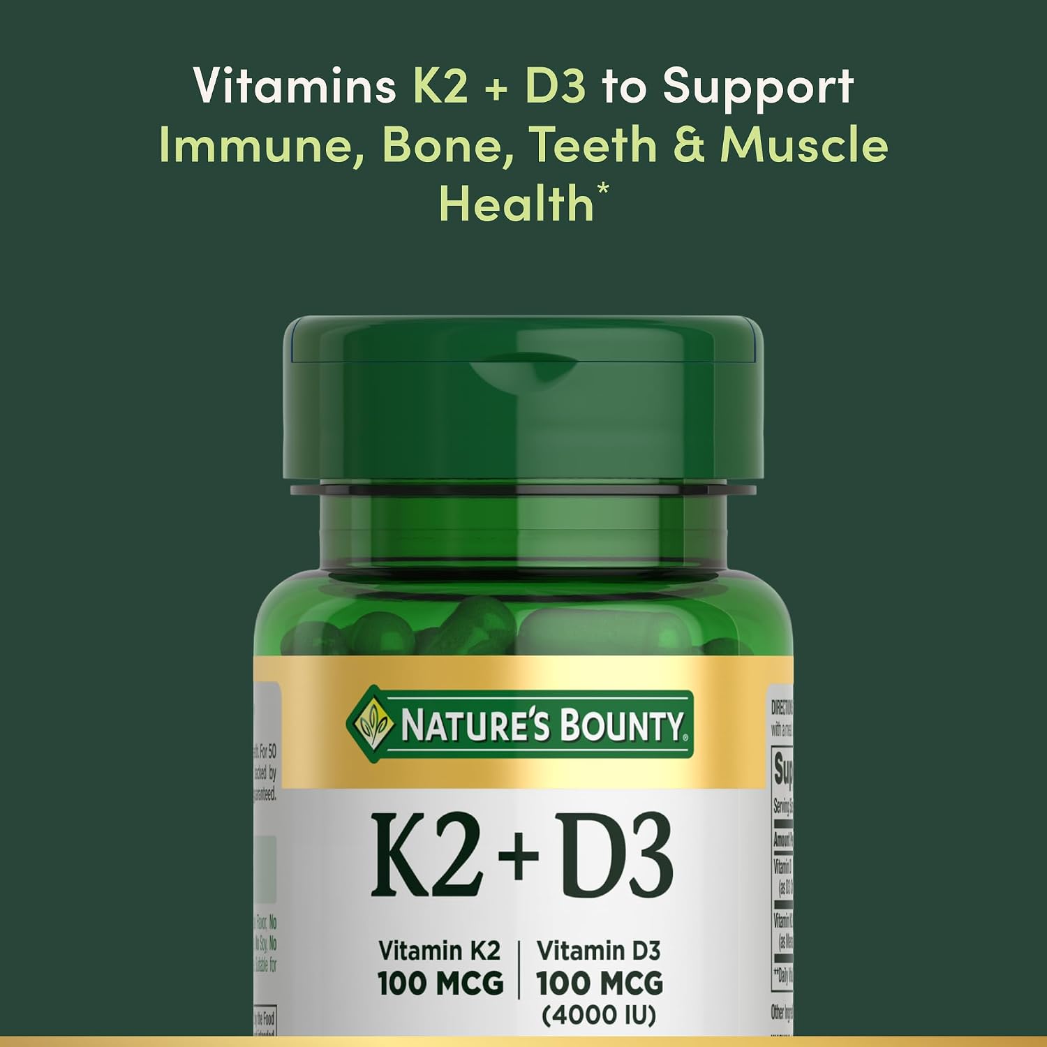Nature's Bounty Vitamina D3 + K2, 4000 UI D3 + 100 mcg K2, 30 Cápsulas Vegetales