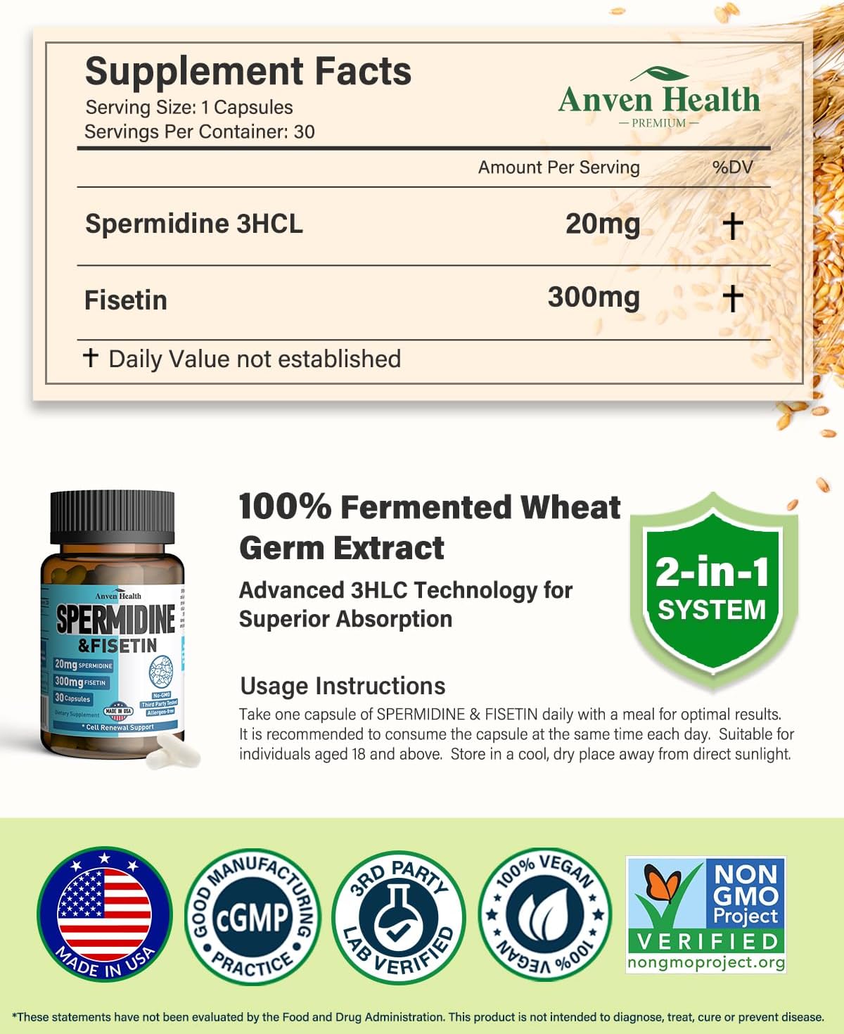 Spermidine & Fisetin - 20mg Spermidina 99% + 300mg Fisetina - 30 Cápsulas Veganas