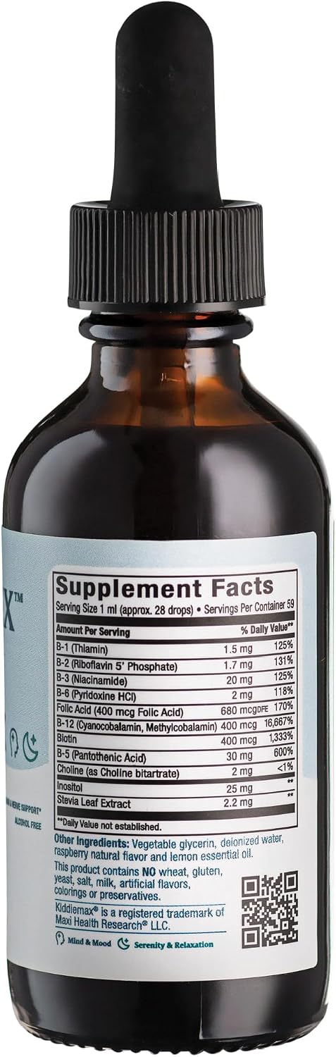 Maxi Health Complex B Líquido – 9 Vitaminas B Esenciales con B1, B6, B12 (Metilcobalamina) – Sabor Frambuesa, 59 ml