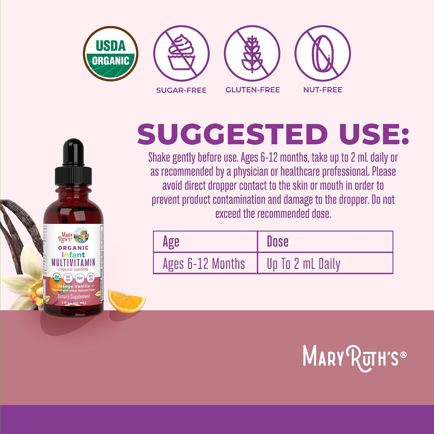 MaryRuth's Organics Multivitamínico con Hierro para Bebés | USDA Orgánico | Gotas Líquidas para Bebés de 6 a 12 Meses | Apoyo Inmunitario y Bienestar General | Vegano | Sin Gluten | 60 ml