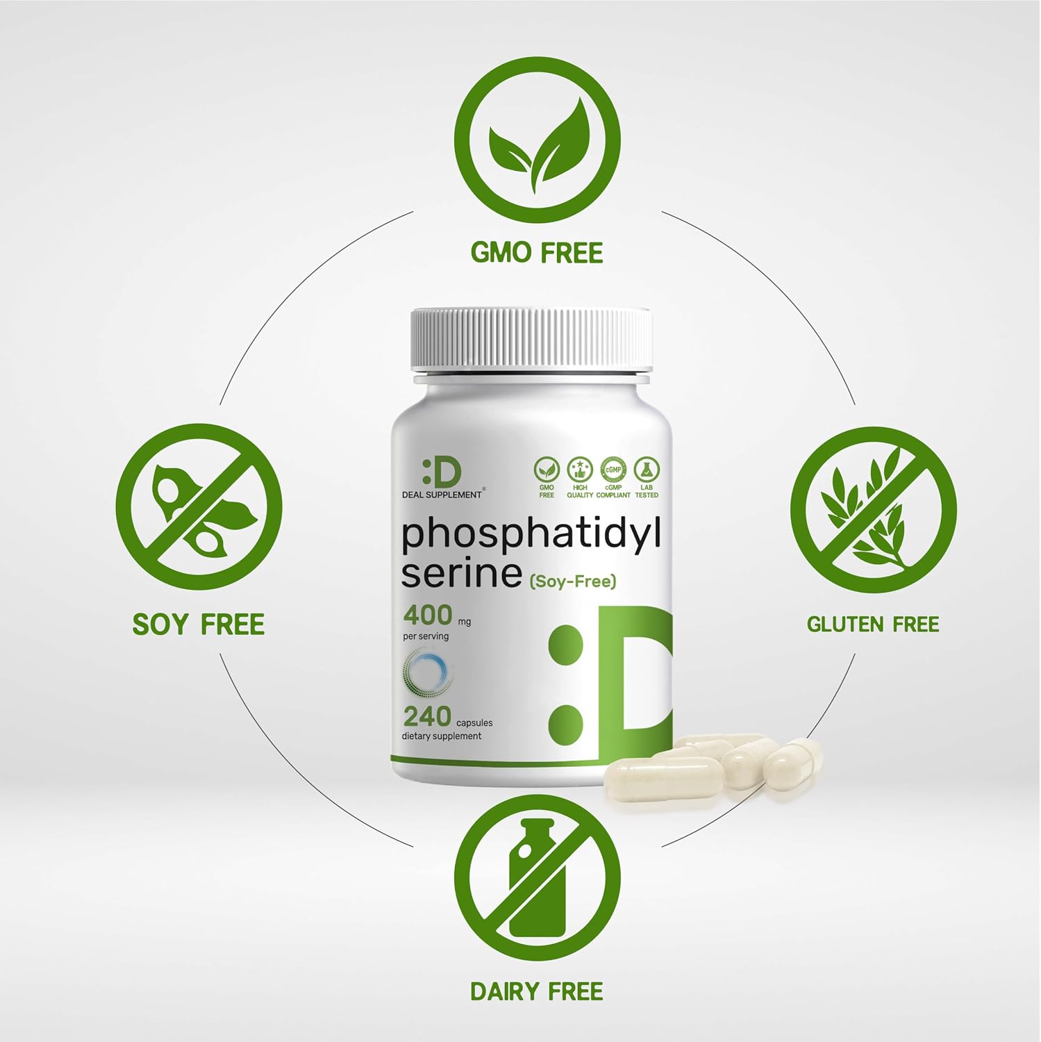 Fosfatidilserina 400mg, 240 Cápsulas – Lecitina de Girasol Sin Soja