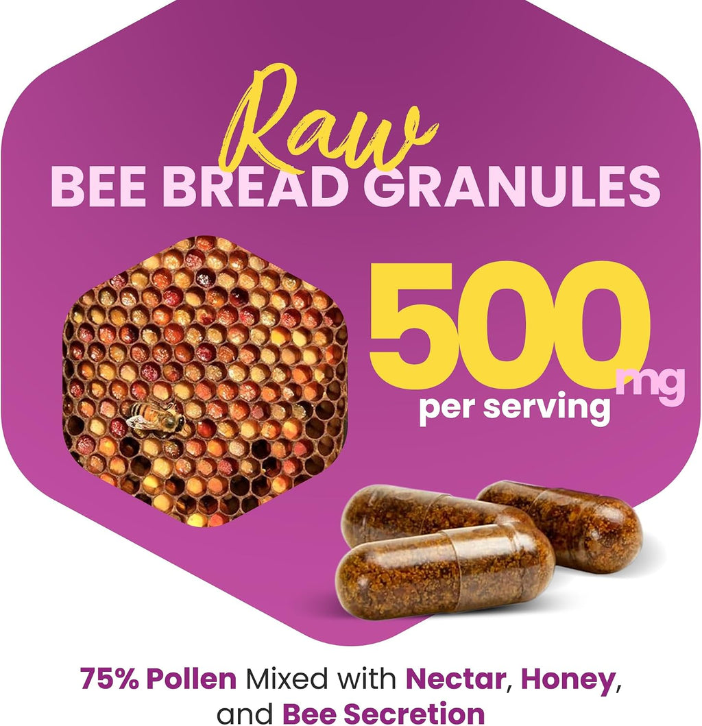 Cápsulas de Pan de Abeja HONEYBEEZONE – Superalimento Rico en Nutrientes para Energía y Apoyo Inmunológico | Sin OGM, Sin Gluten, 60 Cápsulas Vegetales