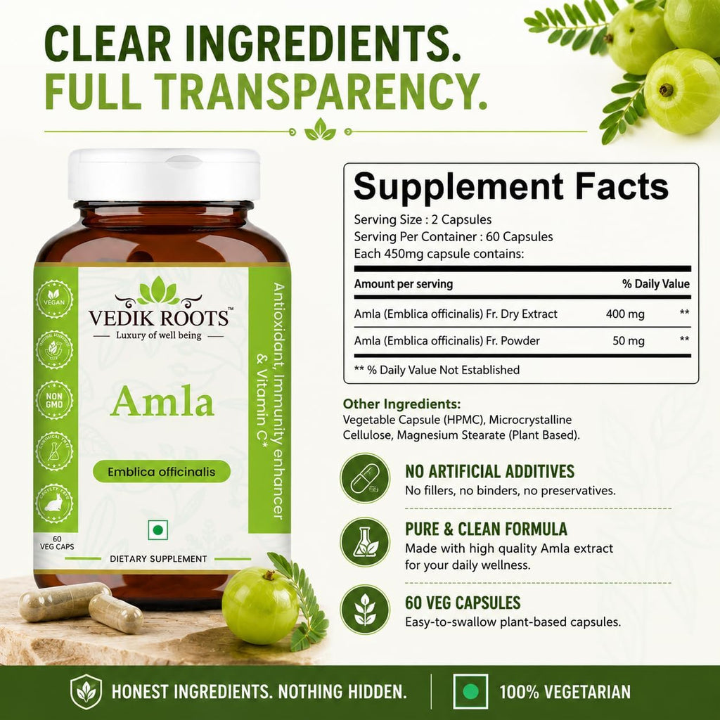 VEDIKROOTS Cápsulas de Amla 100% Orgánicas - Fuente Natural de Vitamina C - Complemento Alimenticio Herbal (60 Cápsulas, Pack de 2)