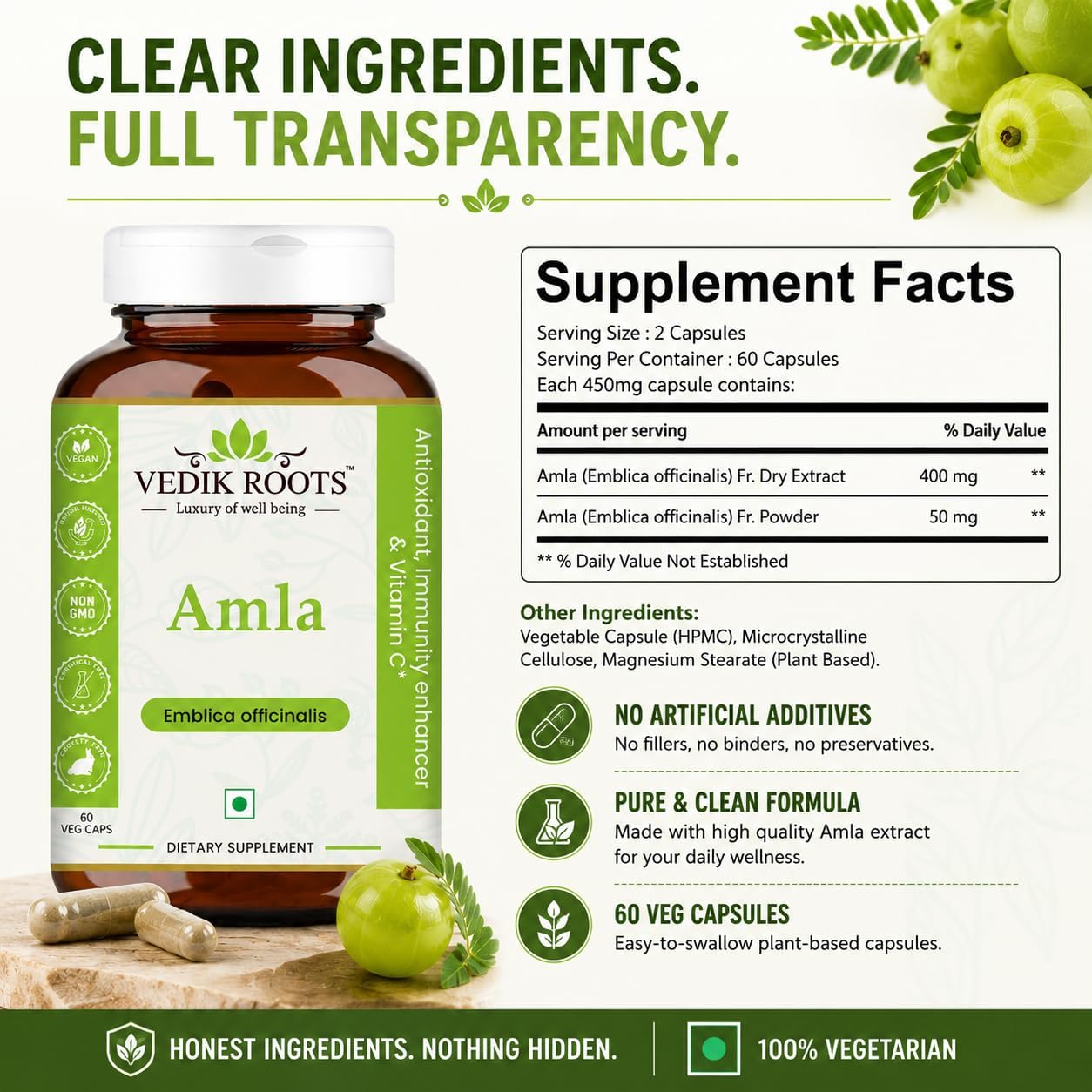 VEDIKROOTS Amla Capsules 100% Orgánico - Potenciador de Inmunidad Natural con Vitamina C (60 Cápsulas)