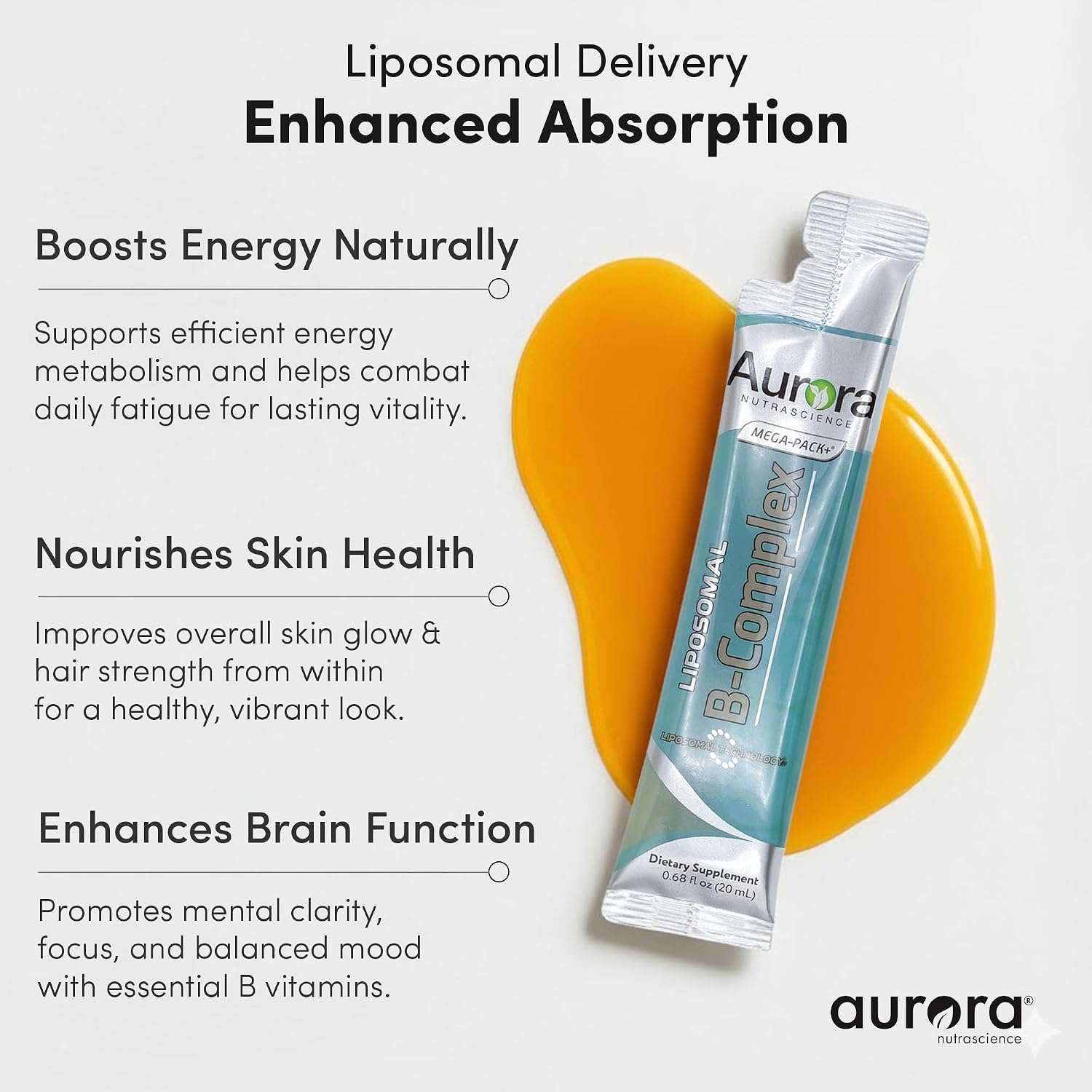 Aurora Nutrascience Mega-Liposomal B-Complex + Vitamina C – 10 Sobres Individuales, Naranja