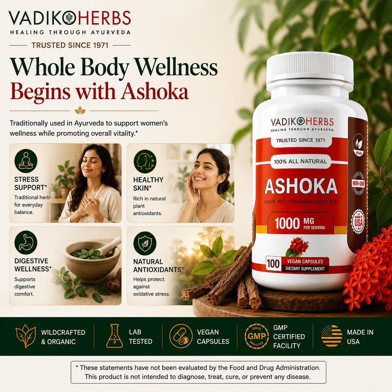 Vadik Herbs Cápsulas de corteza de Ashoka orgánica - 1000mg