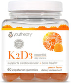 Youtheory K2D3 Gummies - 60 Gominolas de Vitamina D3 y K2, Sin Azúcar, Sabor Melocotón