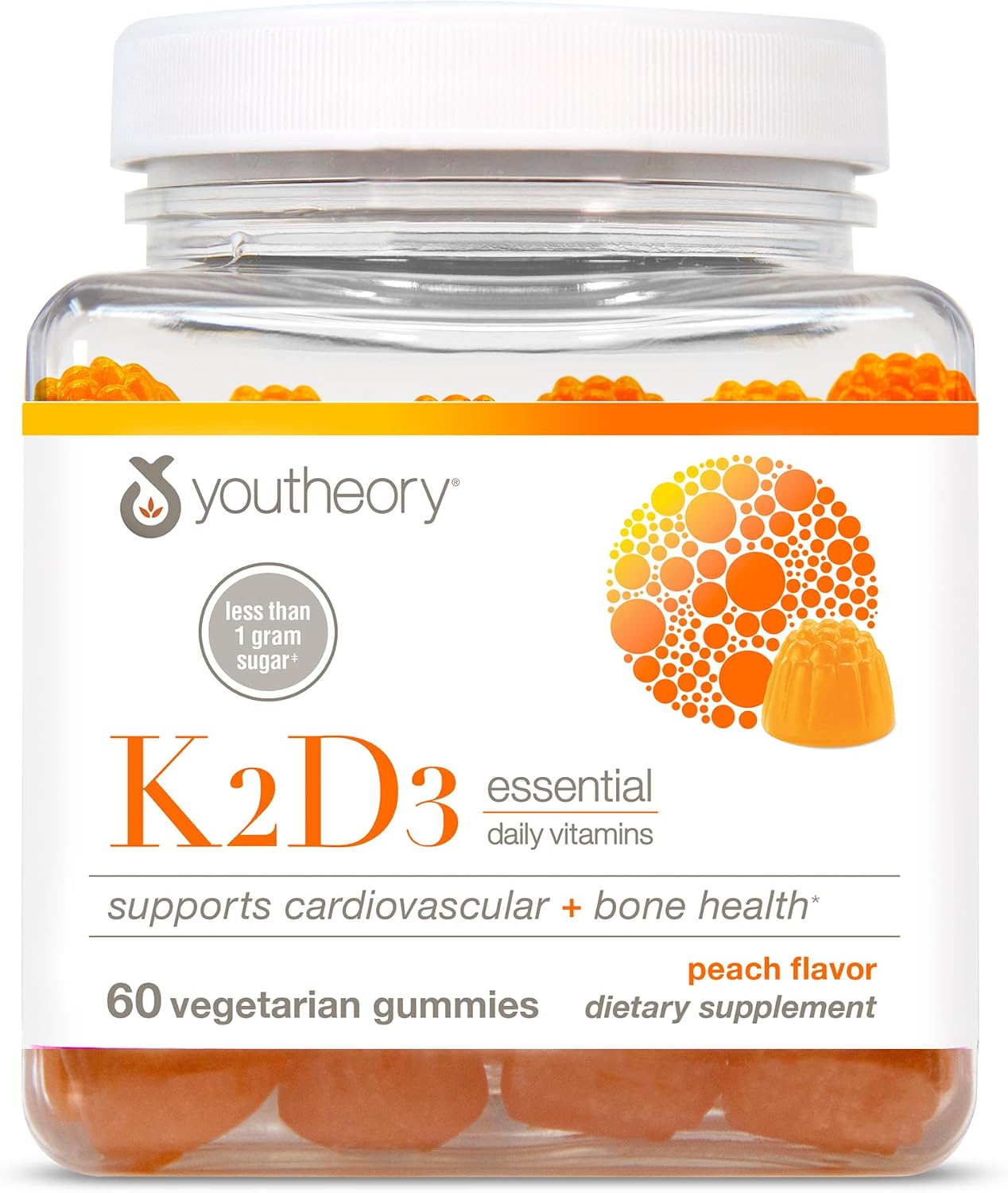 Youtheory K2D3 Gummies - 60 Gominolas de Vitamina D3 y K2, Sin Azúcar, Sabor Melocotón