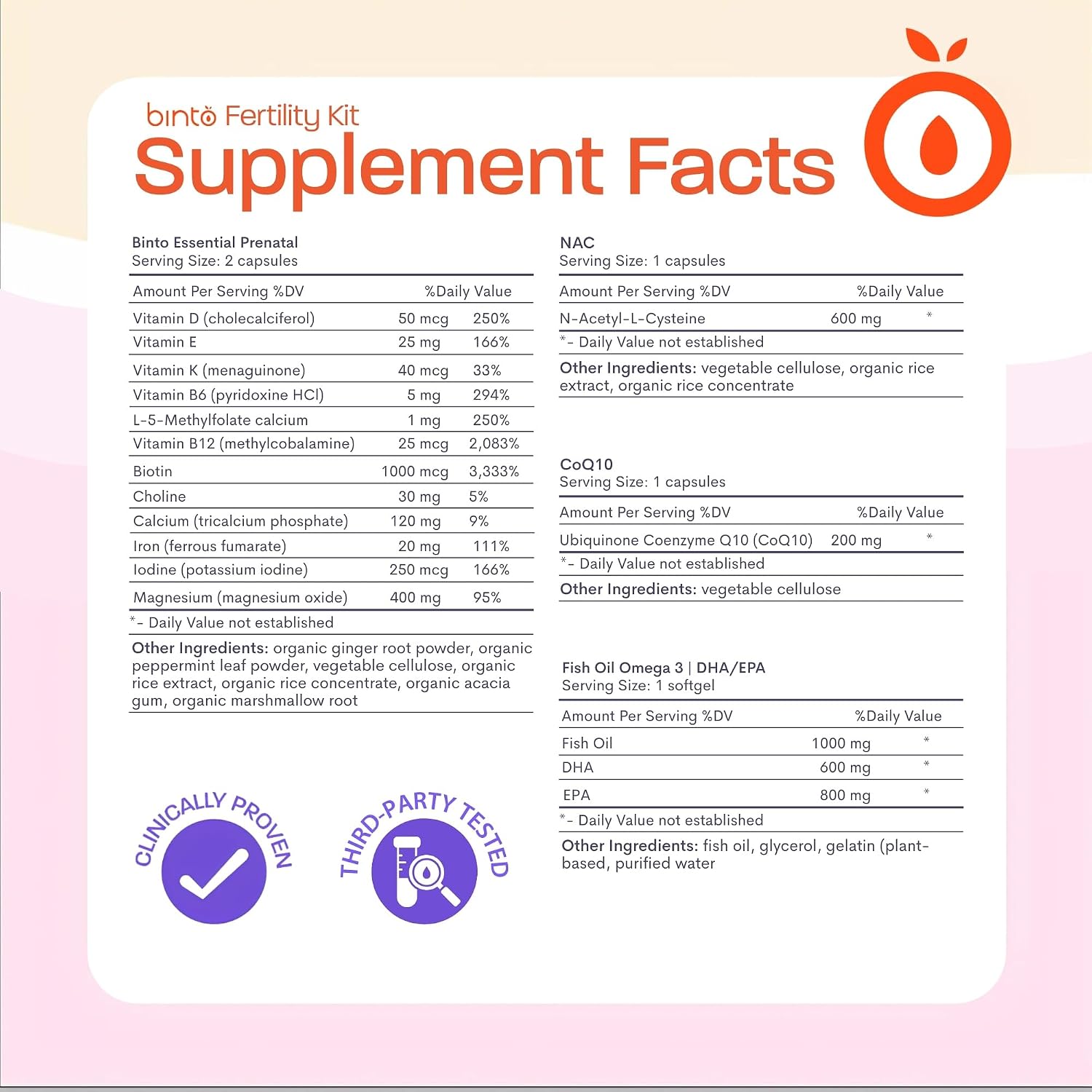 Kit de Fertilidad Femenina Binto – Apoya la Salud Ovocitaria y el Bienestar Reproductivo – Incluye CoQ10, NAC y Aceite de Pescado