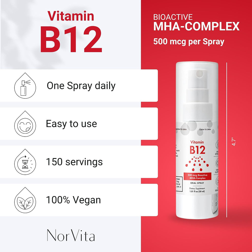 NorVita Vitamina B12 Spray 500 mcg (150 dosis) - Complejo MHA (Metilcobalamina, Hidroxicobalamina, Adenosilcobalamina) - Vegano, No-GMO