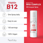 NorVita Vitamina B12 Spray 500 mcg (150 dosis) - Complejo MHA (Metilcobalamina, Hidroxicobalamina, Adenosilcobalamina) - Vegano, No-GMO