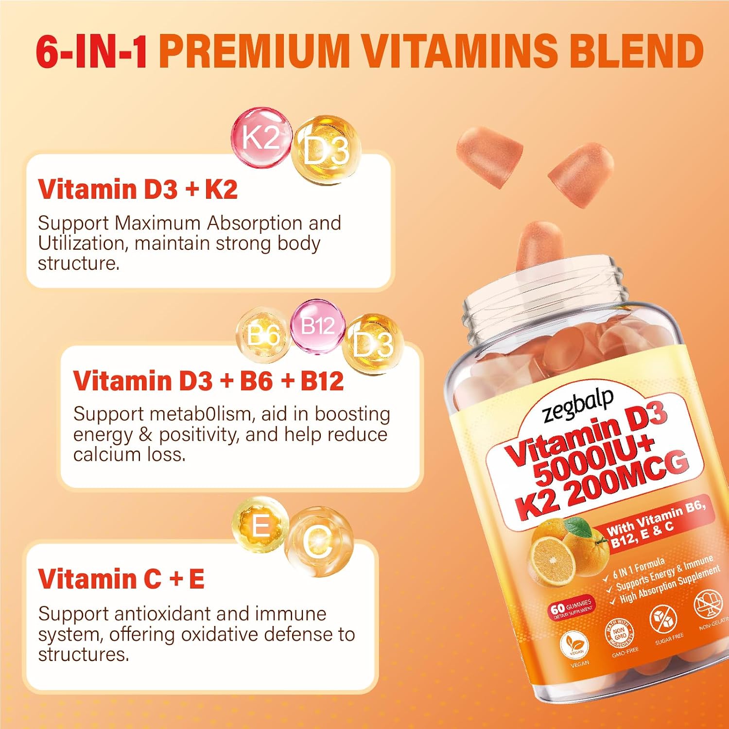 2 Paquetes de Gominolas de Vitamina D3 y K2 para Adultos, Sin Azúcar, Vitamina D3 5000UI + K2 (MK-7) 200mcg Suplemento con Complejo B y Vitaminas C y E, para Huesos, Músculos, Dientes e Inmunidad, Vegano, Sin Gluten