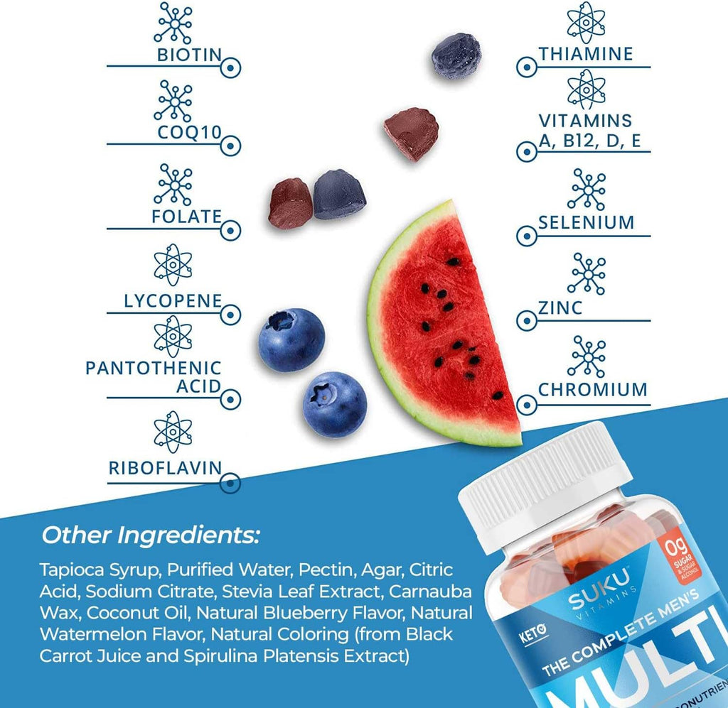 SUKU Multivitamínico Diario para Hombres en Gominolas – Vitaminas A, B12, C, D3, E, Zinc, CoQ10 y Licopeno – Sin Azúcar, Vegano, Sabor Frutas – 60 Gominolas