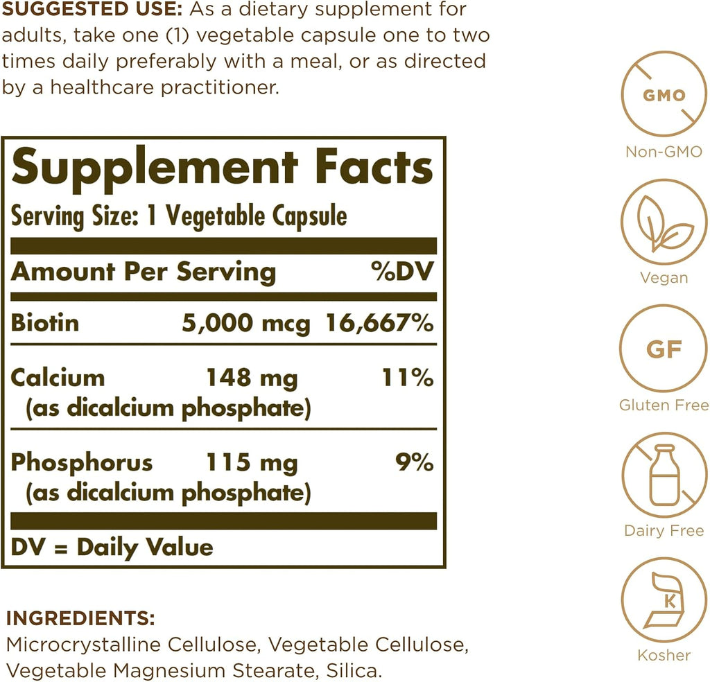 Solgar Biotina 5000 mcg - 100 Cápsulas Vegetales - Vegano, Sin Gluten