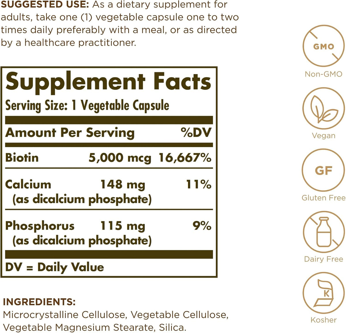 Solgar Biotina 5000 mcg - 100 Cápsulas – La biotina contribuye al funcionamiento normal del sistema nervioso. – Image 2