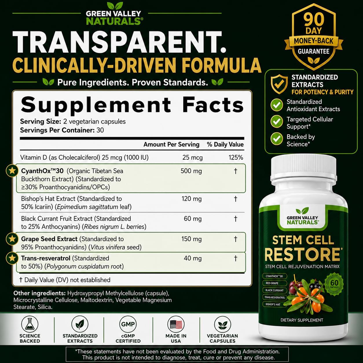 Stem Cell Restore | Complejo Antioxidante Celular con CyanthOx™ 30, Espino Amarillo, Semilla de Uva y Resveratrol | 60 Cápsulas Vegetarianas