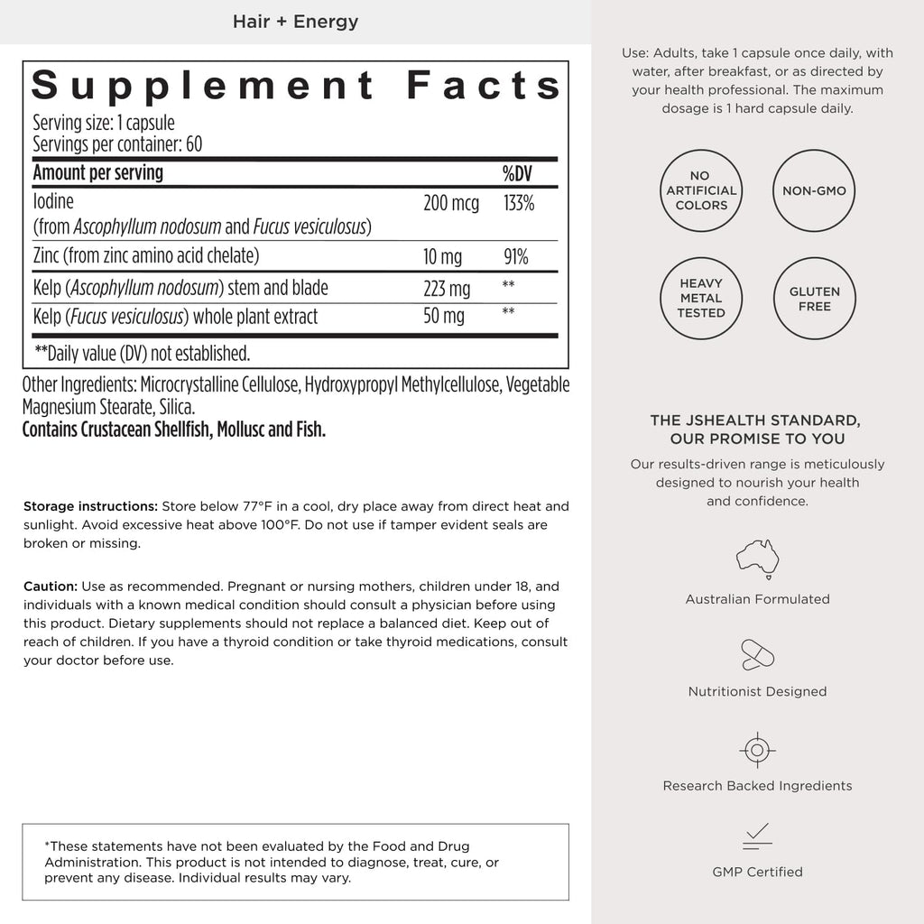JSHealth Vitaminas para el Crecimiento del Cabello para Mujeres. Cabello + Energía con Yodo de Alga Kelp y Zinc. Favorece densidad, fuerza y energía. Formulado por nutricionista (60 cápsulas)