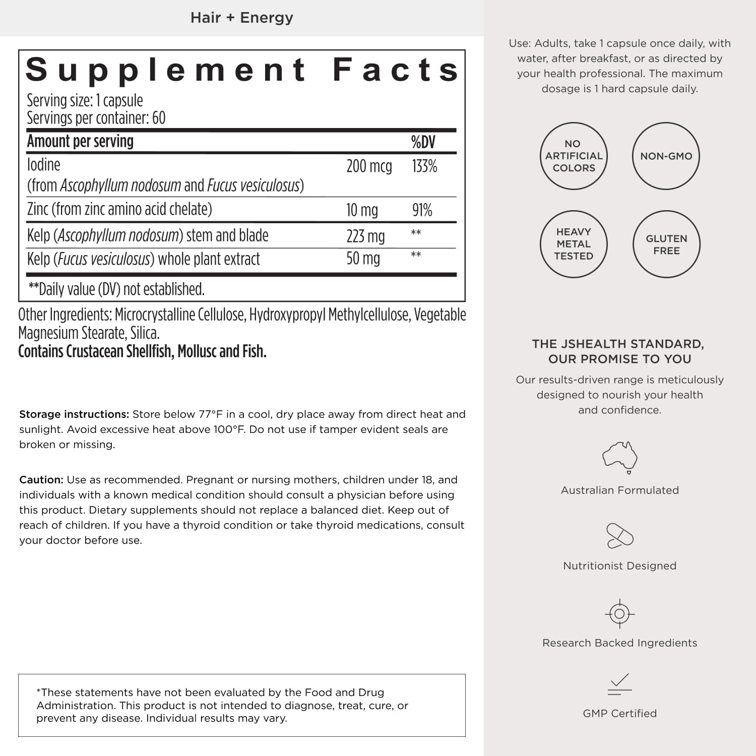 JSHealth Vitaminas para el Crecimiento del Cabello para Mujeres. Cabello + Energía con Yodo de Alga Kelp y Zinc. Favorece densidad, fuerza y energía. Formulado por nutricionista (60 cápsulas)