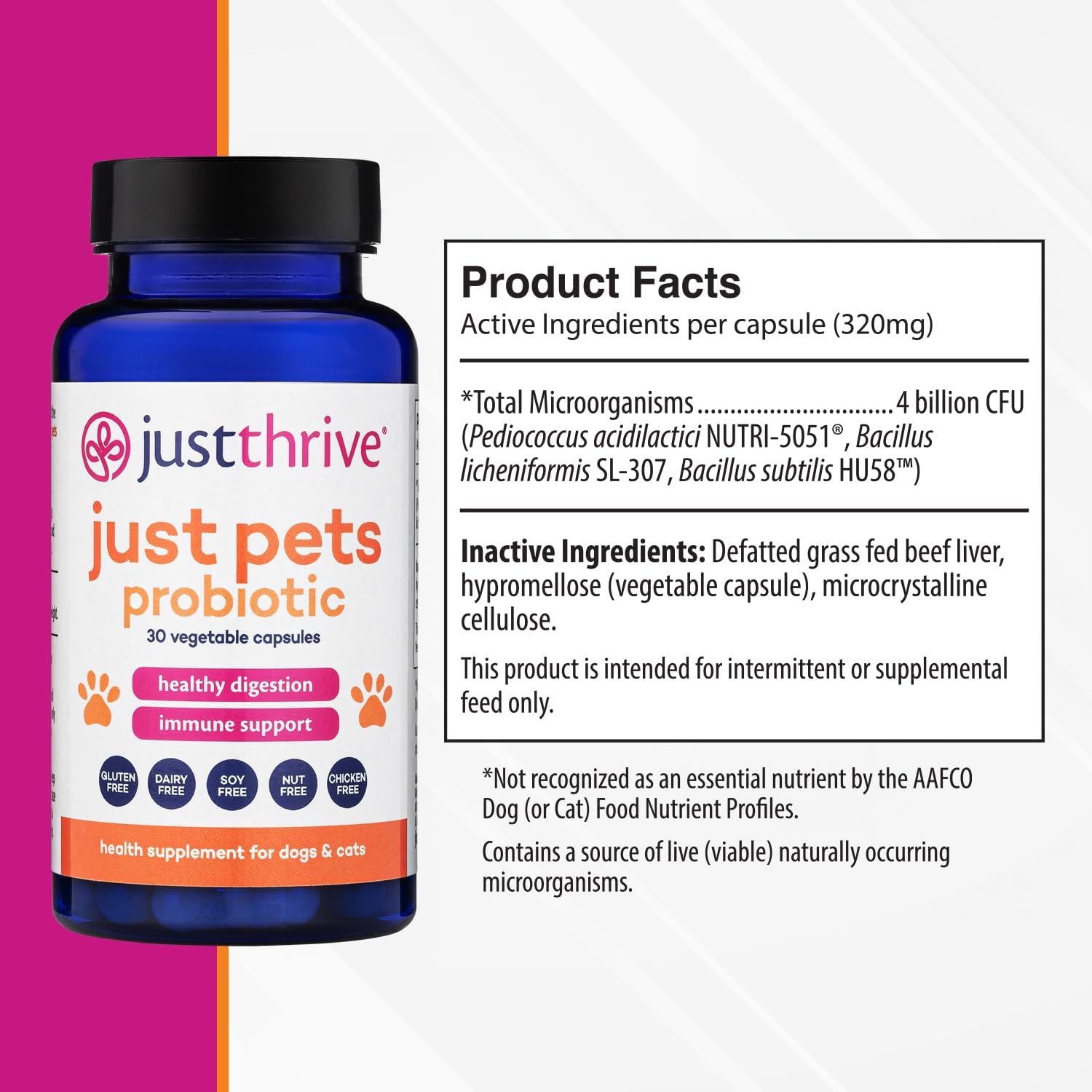 Just Thrive Just Pets Probiótico para Perros y Gatos - 4 Mil Millones de UFC - 30 Cápsulas