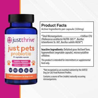 Just Thrive Just Pets Probiótico para Perros y Gatos - 4 Mil Millones de UFC - 30 Cápsulas – Image 2