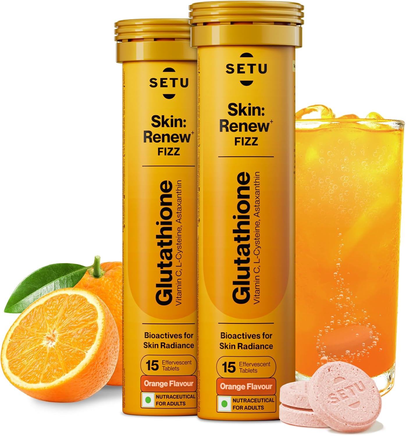 SETU Skin Renew Gluta Fizz: Glutatión con Vitamina C, 30 Comprimidos Efervescentes Sabor Naranja