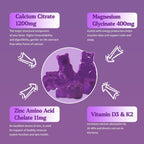 OALSE Gomitas de Calcio Magnesio Zinc con Vitamina D3 y K2 | Glicinato de Magnesio | Sin Azúcar | Sabor Arándano