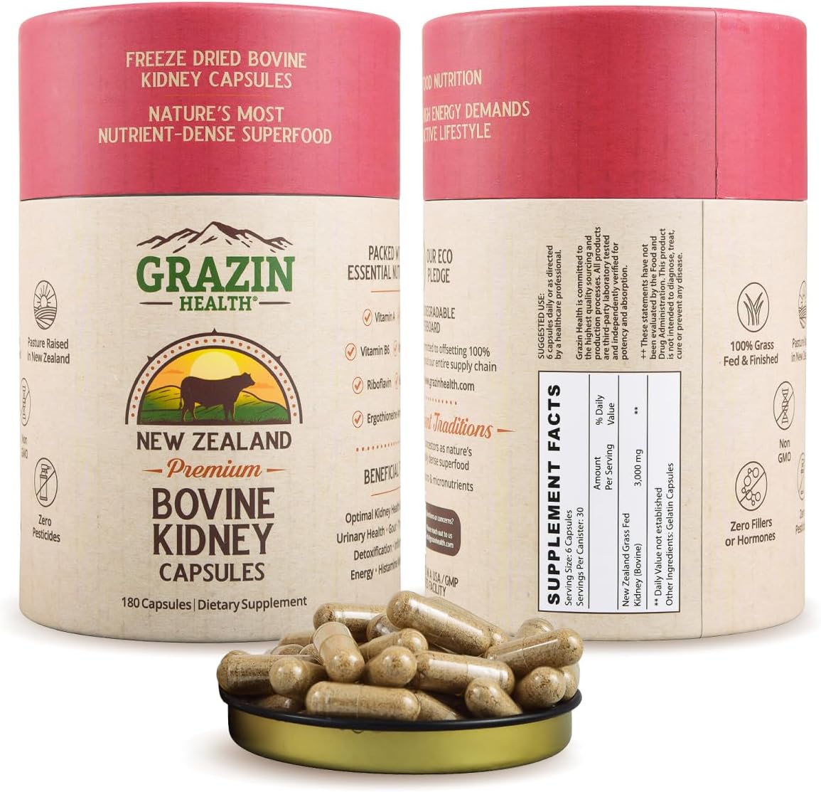 GRAZIN HEALTH Cápsulas de Riñón Bovino 3000mg | Suplemento de Órganos de Pastoreo