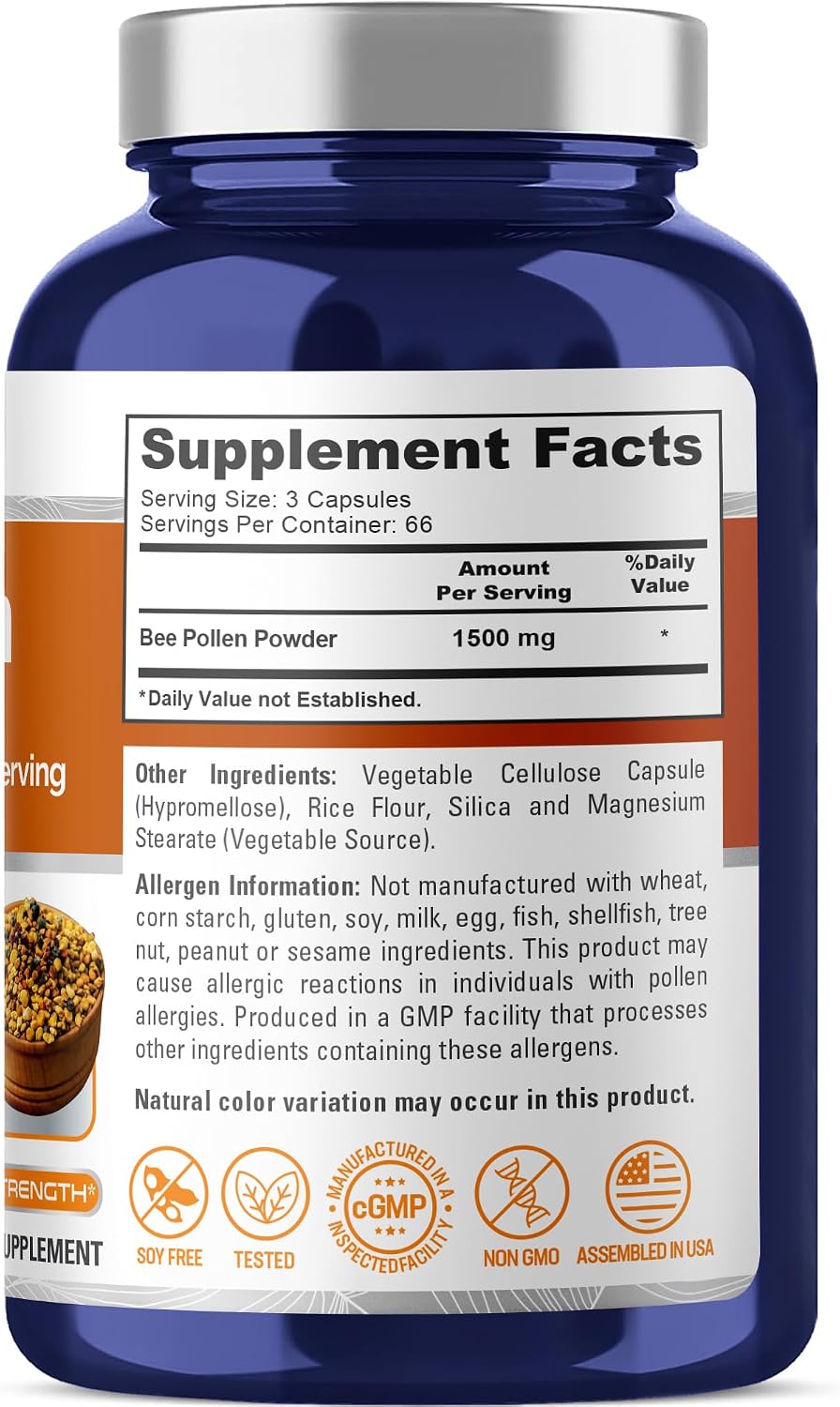 NusaPure Polen de Abeja 1500mg 200 Cápsulas Vegetales (Vegano, Sin OGM)