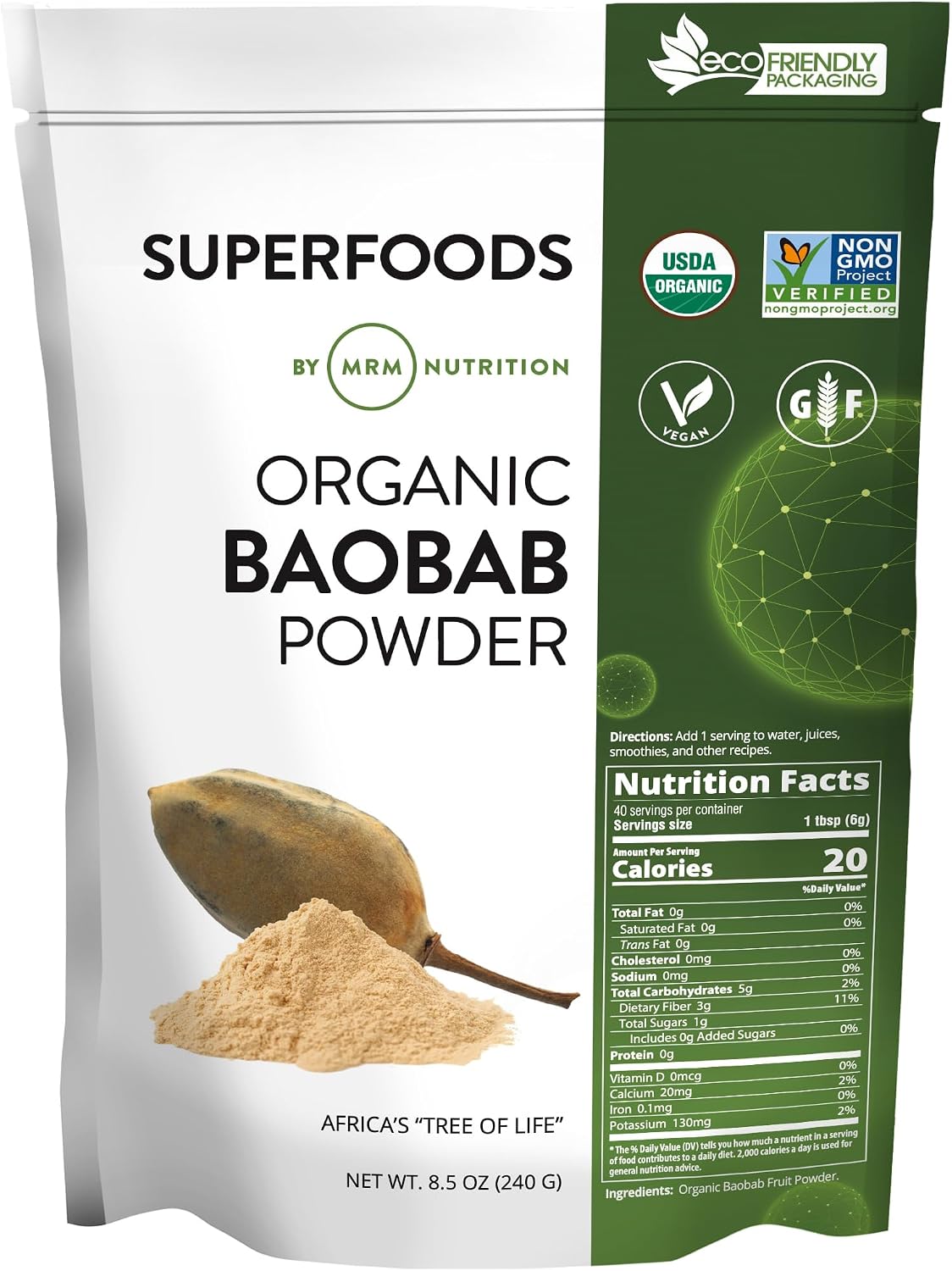 MRM Organic Baobab Powder - Polvo de Baobab Orgánico, Superalimento Vegano - 40 Raciones