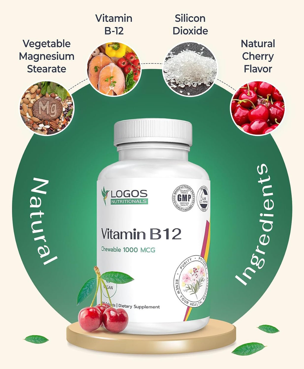 Logos Nutritionals Vitamina B12 Masticable 1000 mcg con Metilcobalamina, Sabor a Cereza - 100 Comprimidos
