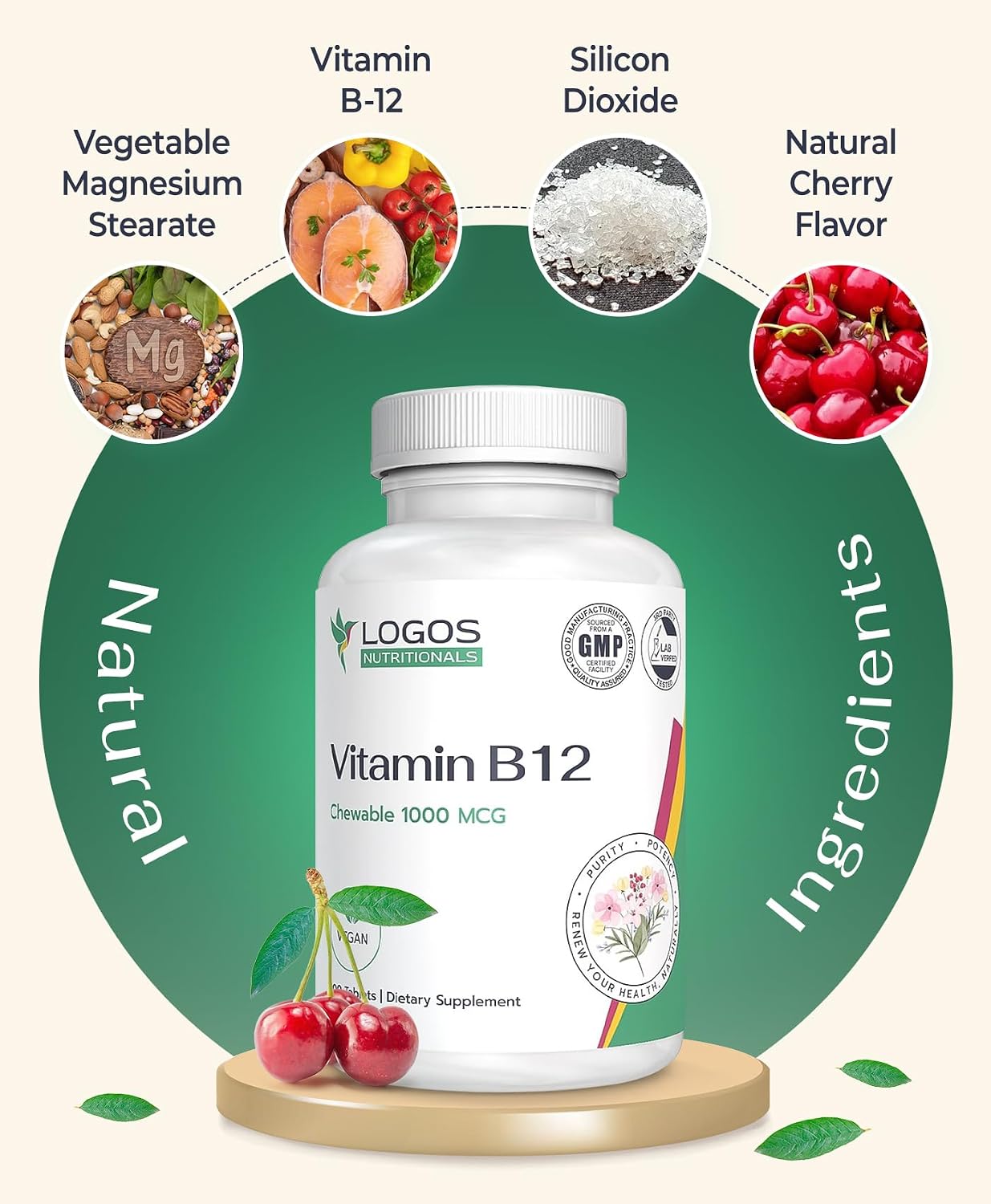 Logos Nutritionals Vitamina B12 Masticable 1000 mcg con Metilcobalamina, Sabor a Cereza - 100 Comprimidos