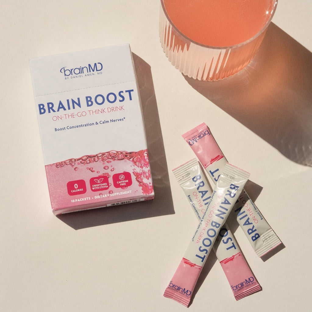 BRAINMD Brain Boost On The Go - Polvo Nootrópico, Sabor Bayas, 10 Sobres