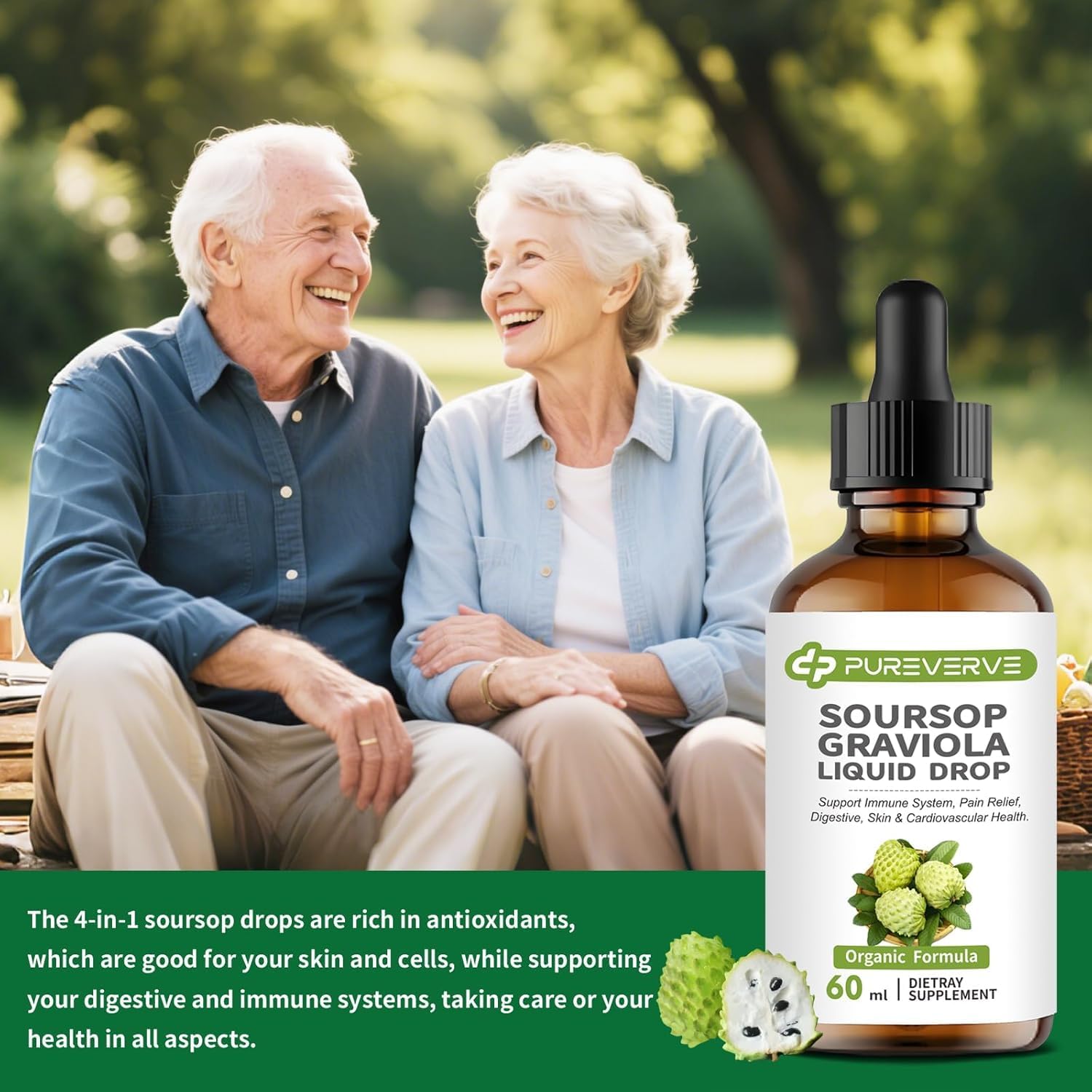 Soursop Graviola Gotas Líquidas de Pureverve, Apoyo Celular e Inmunidad, 2 Pack de 118 ml
