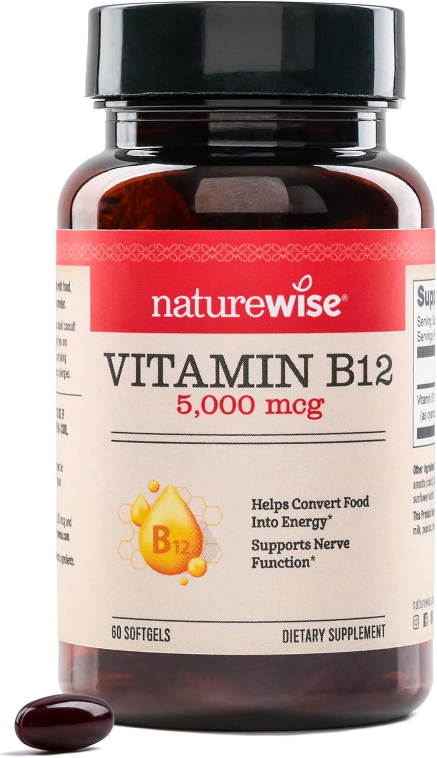 NatureWise Vitamina B12 5000 mcg - Fórmula Extra Fuerte - Complemento para Apoyar los Niveles de Energía, Claridad Mental, Salud del Sistema Nervioso - Fácil de Tragar, Sin Soja ni Gluten, No GMO - 60 Cápsulas Blandas