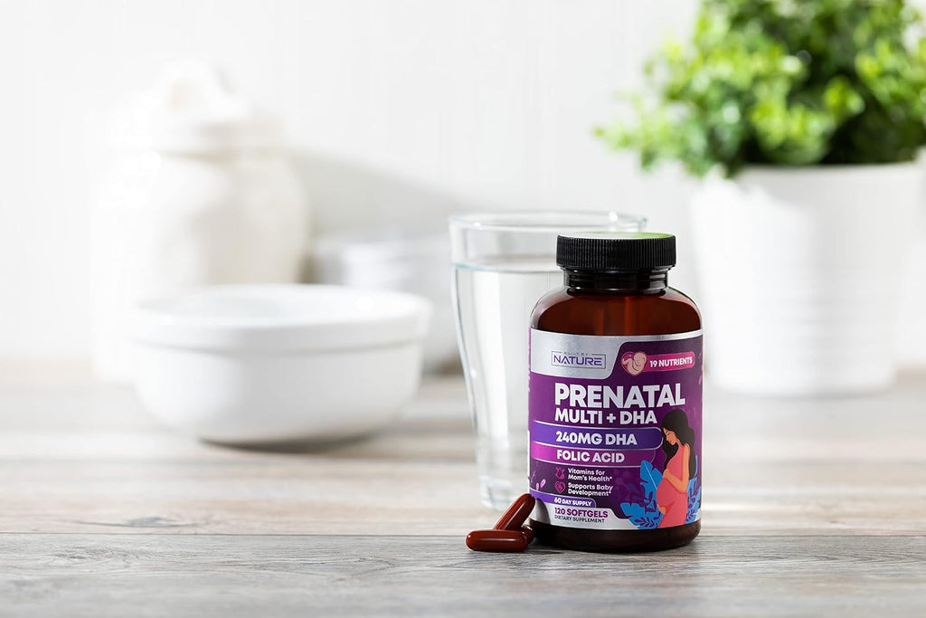 Built by Nature Vitaminas Prenatales para Mujeres - 120 Softgels con DHA y Omega-3, Ácido Fólico, Vitamina C, B12 y Hierro