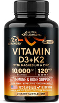 NUTRAHARMONY Vitamina D3 10000 UI y K2 MK-7 120 mcg con Magnesio, Zinc, Vitamina C y B12 - 120 Cápsulas