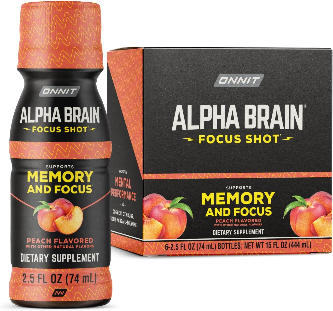 ONNIT Alpha Brain Focus Shot, Sabor Tropical, 6 unidades, Certificado IGEN™ No GMO