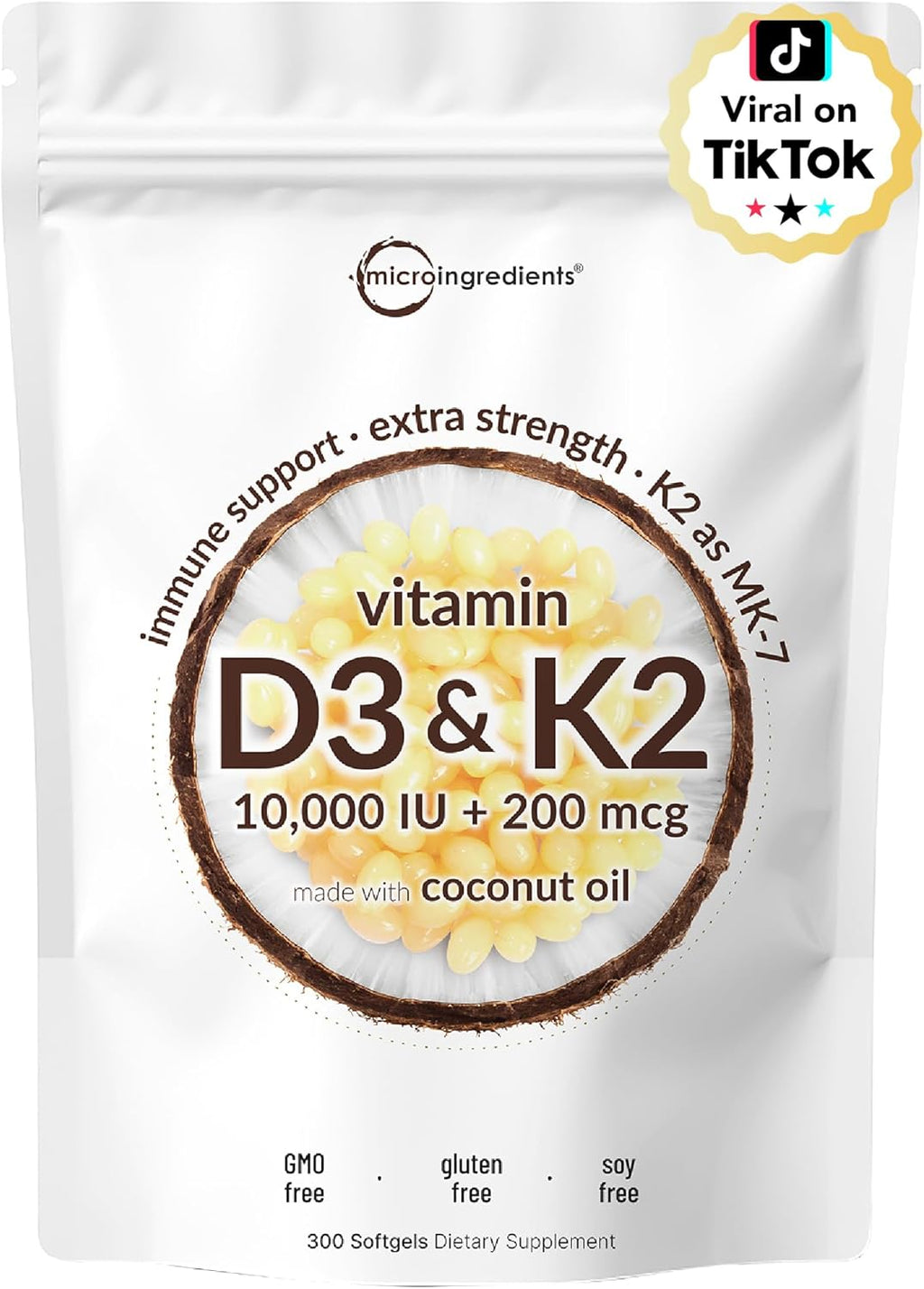 Micro Ingredients Vitamina D3 10000 UI + K2 MK-7 200 mcg, 300 Cápsulas Blandas