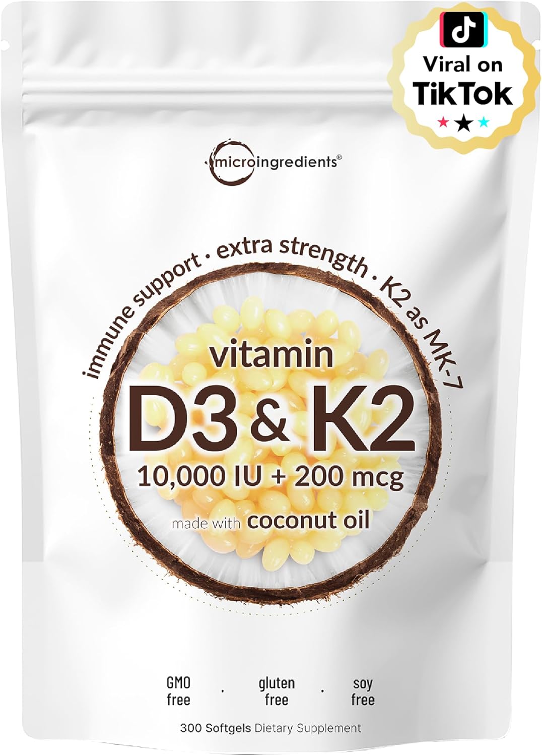Micro Ingredients Vitamina D3 10000 UI + K2 MK-7 200 mcg, 300 Cápsulas Blandas