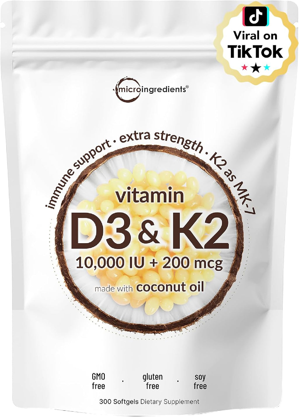 Micro Ingredients Vitamina D3 10.000 UI + K2 MK-7 200 mcg, 600 Softgels con Aceite de Coco Virgen (Pack de 2) | Complejo 2-en-1 Vitaminas D y K | Alta Potencia, Fáciles de Tragar, No-GMO, Sin Gluten