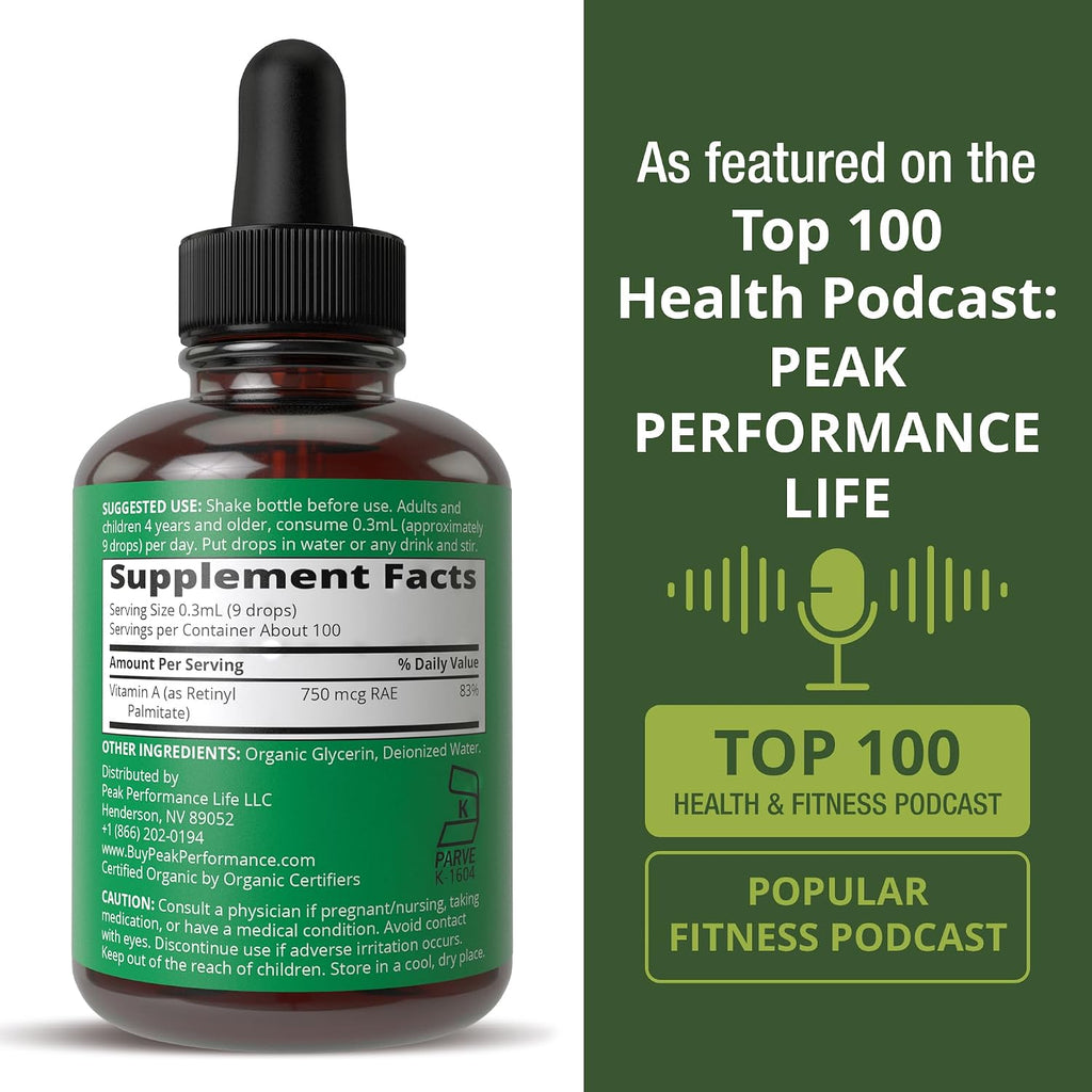 Peak Performance Gotas Líquidas Orgánicas de Vitamina A - Suplemento Vegano con Retinil Palmitato de Alta Biodisponibilidad - Sin Gluten, Sin Azúcar - 30 ml