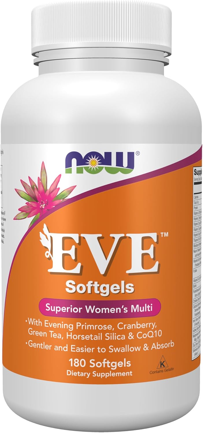 NOW Foods Eve™ Multivitamínico para Mujeres con Onagra, Arándano, Té Verde, Cola de Caballo y CoQ10, 180 Cápsulas Blandas