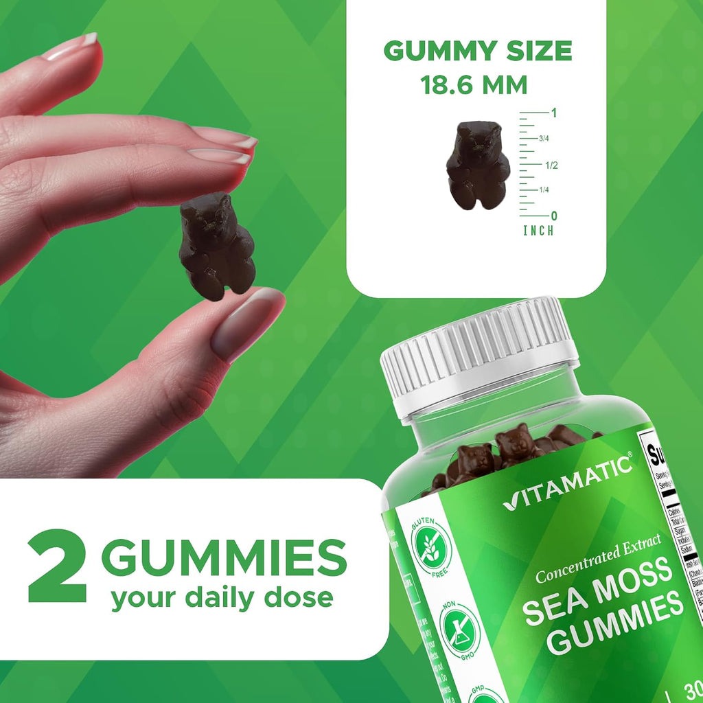 Vitamatic Irish Sea Moss Gummies con Bladderwrack y Burdock Root - 120 Gomitas - Vegano y sin OGM