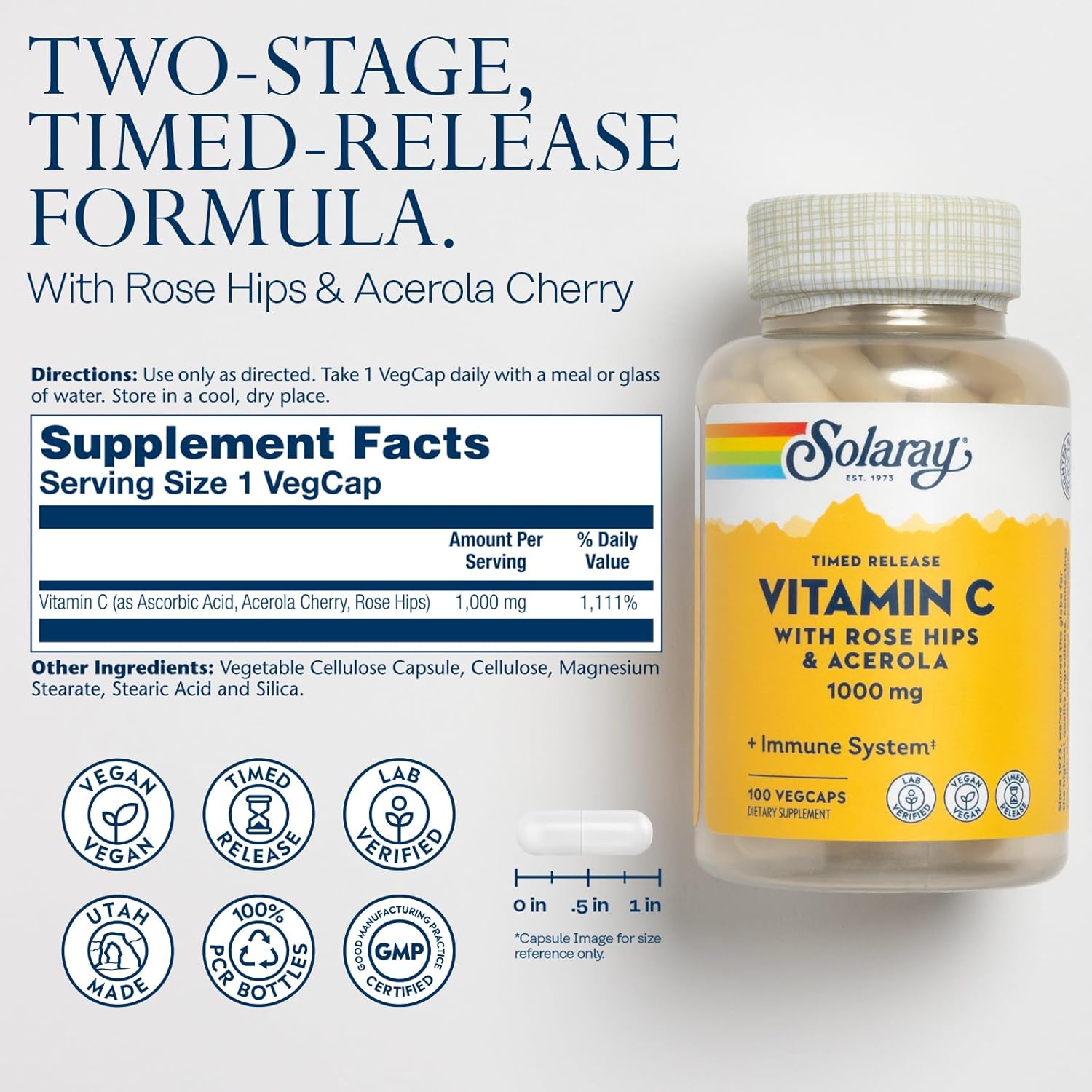 Solaray Vitamina C 1000 mg - Cápsulas de Liberación Prolongada con Rosa Mosqueta y Acerola - Apoyo Inmunitario - Vegano