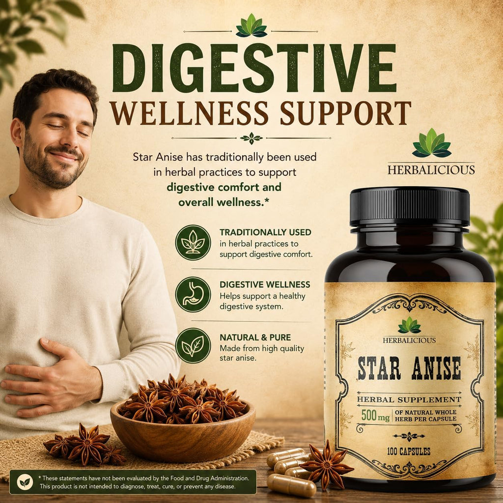 HERBALICIOUS Suplemento de Anís Estrellado Orgánico – 100 Cápsulas – 1000mg – Sin Rellenos ni Conservantes