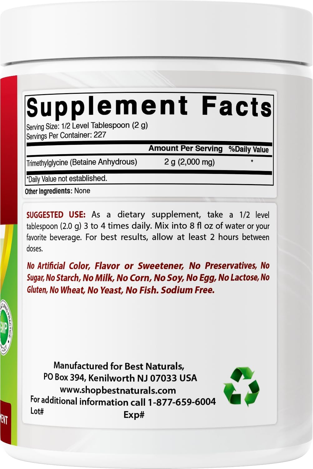 Best Naturals Betaína Anhidra Trimetilglicina (TMG) Polvo Puro 454 g (1 Libra)