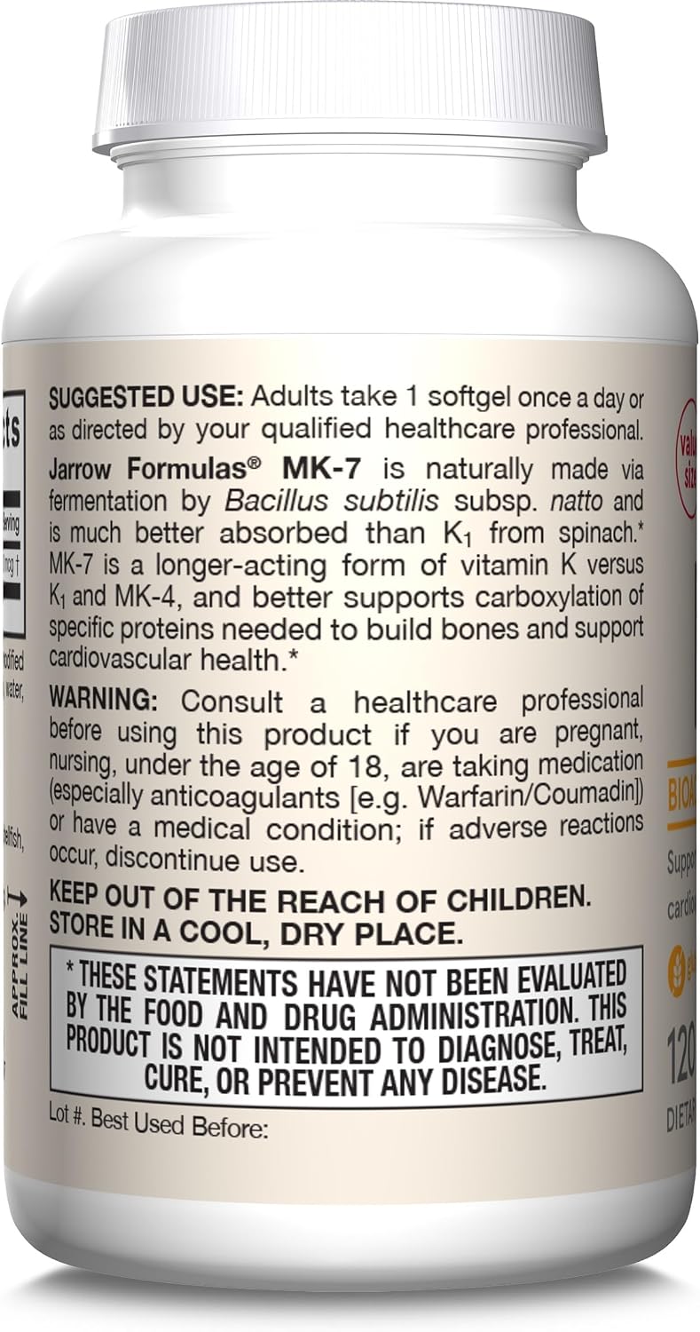Jarrow Formulas MK-7 90mcg - Vitamina K2 (MK-7) - 120 Cápsulas Blandas (12 Envases)