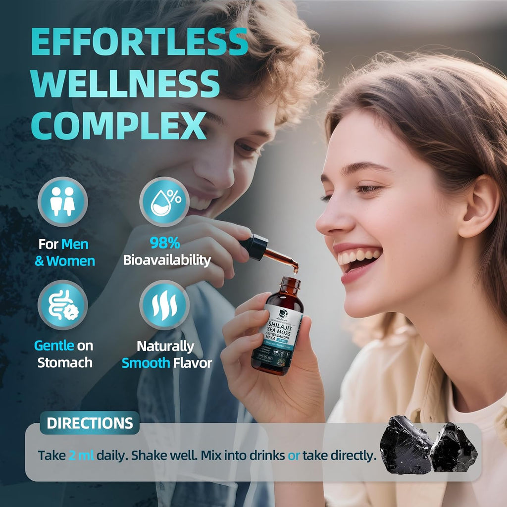 Shilajit Líquido Gotas, Complejo 12 en 1 - Musgo Marino, Ashwagandha, Maca, Ácido Fúlvico, Minerales Traza, Vitaminas Líquidas para Hombres y Mujeres, Energía, Antioxidante, Apoyo Inmunológico, 60ml